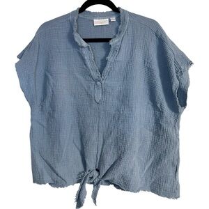 Belle Kim Gravel Blue 100% Cotton Gauzey Raw Hem Boxy Tied Top 1X